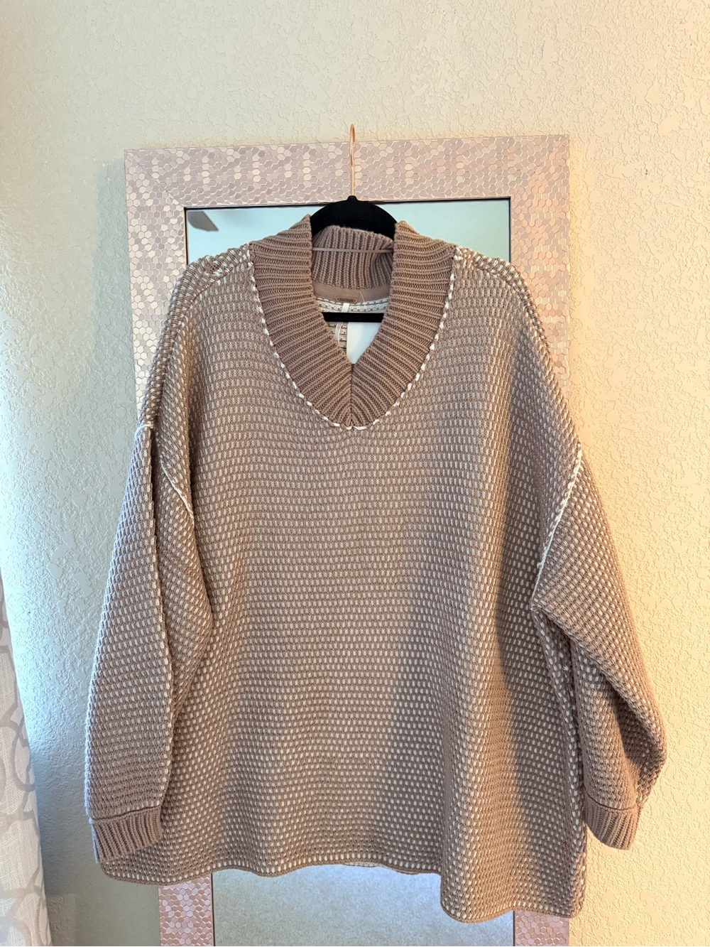 Free People Taupe V-Neck Chunky Knit Sweater